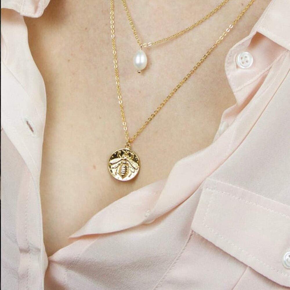 Gold Layered Necklaces for Women - 14K Gold Plated Handmade Multilayer Bar Pearl - Picture 6 of 6